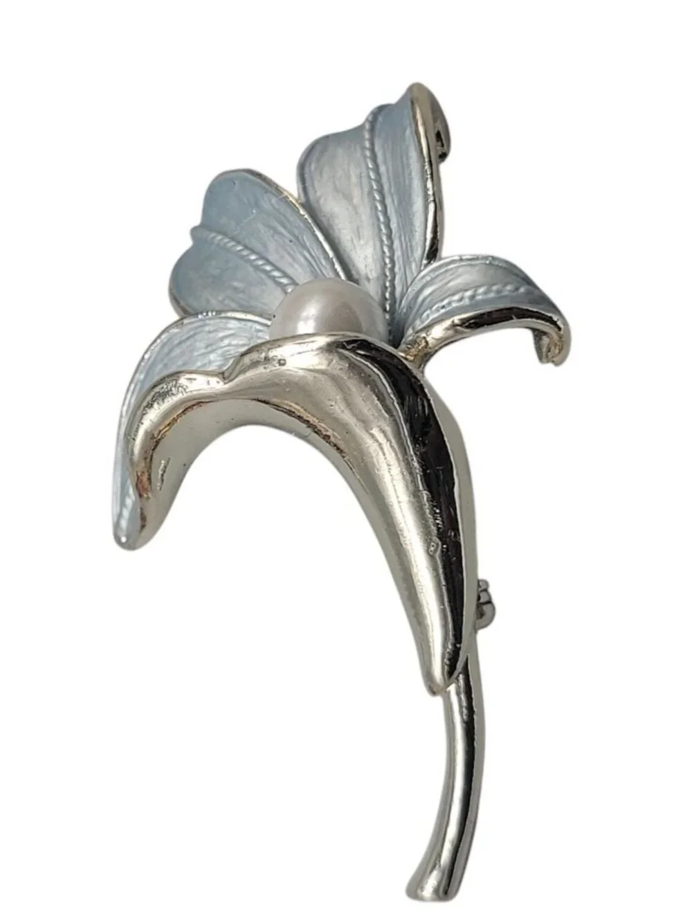 Baby Blue Lilly Brooch Silver Tone Faux Pearl Vintage Matte Enameled Pin